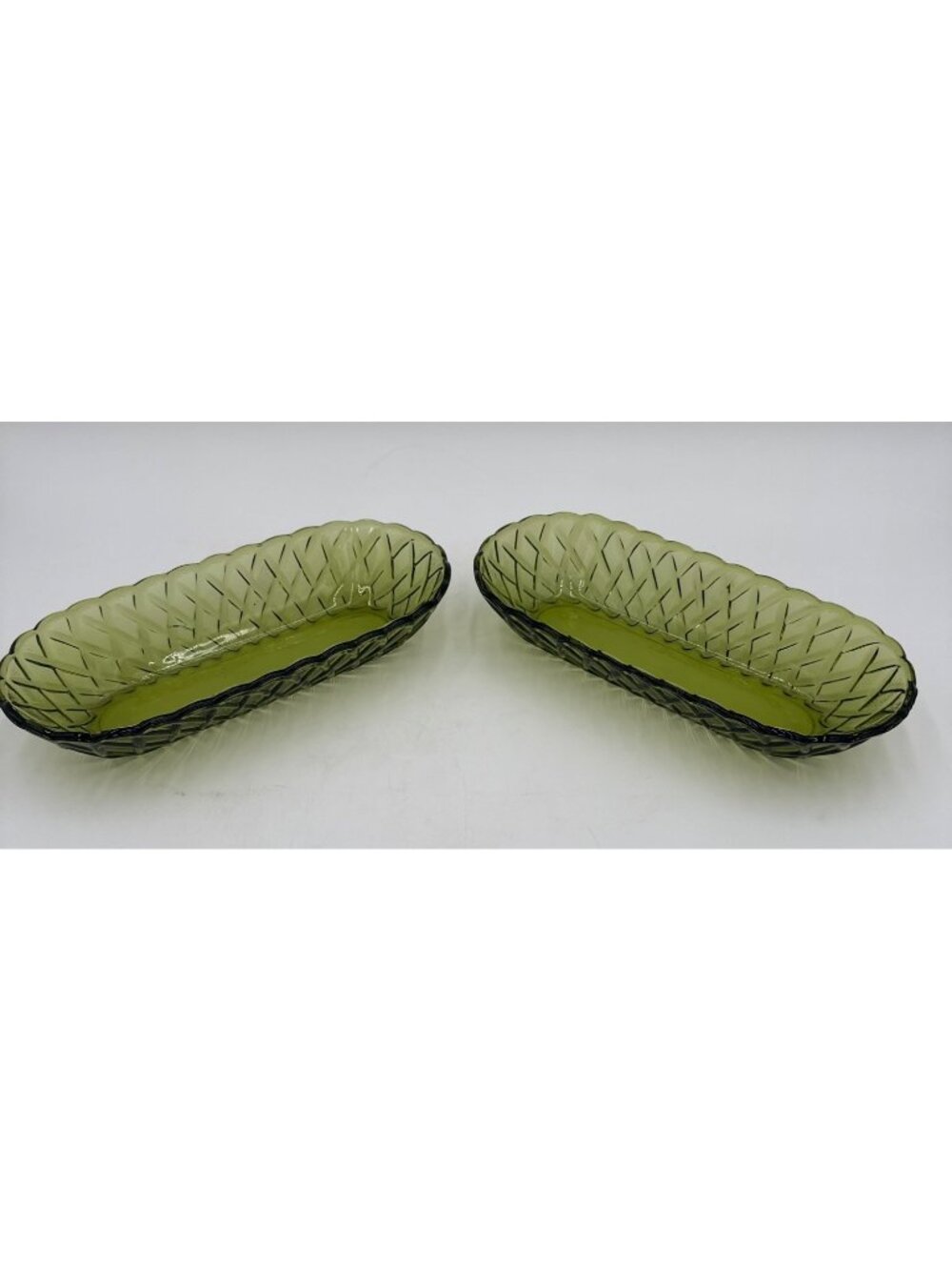 Two Vintage 60s Indiana Glass Basket Weave Avocado Green Bowl Celery Dish